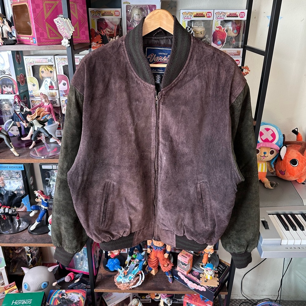 Vintage Varsity Bomber Jacket Brown Green Elbow Patches Men’s Large